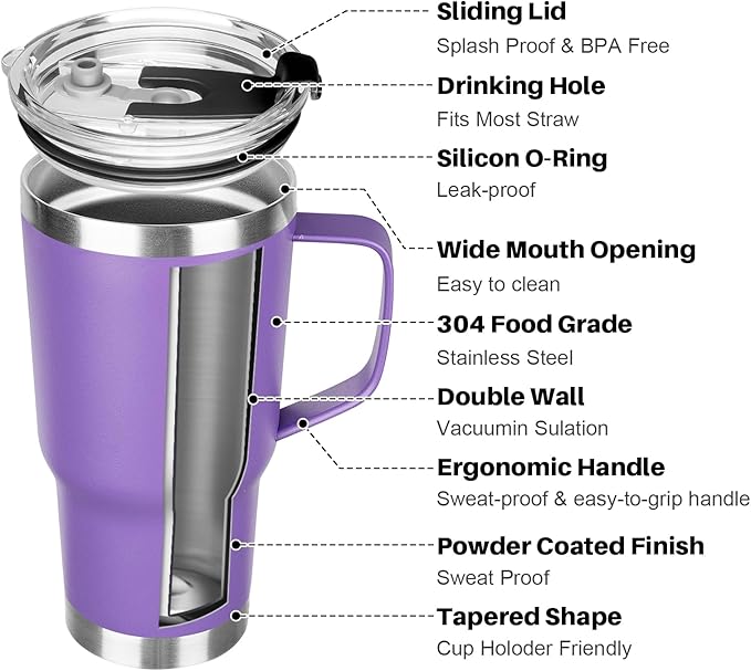 20 oz Tumbler with Handle, Stainless Steel Insulated Tumbler with Lid and Straw, Double Wall Vacuum Insulated Coffee Mug Tumbler, Insulated Coffee Thermal Cup for Cold and Hot（Purple）
