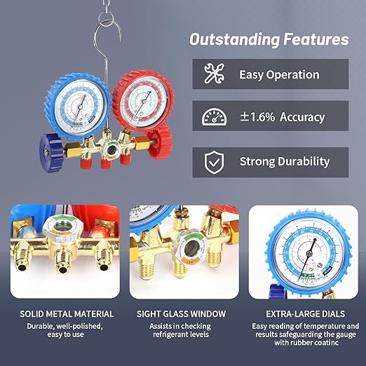 PB Motor Tech AC Diagnostic Manifold Gauge Set for R134A, R12, R22, R502 Refrigerants, Includes 4FT Three-Color Hoses and 2 Quick Couplers - Automotive & Household AC Maintenance