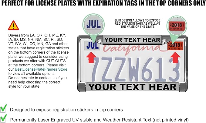 Custom Personalized Black Powder-Coated Metal Laser Engraved Standard Size - Car/Automobile License Plate Frame with Free caps - Silver/Black Text (Qty: 1 Frame)