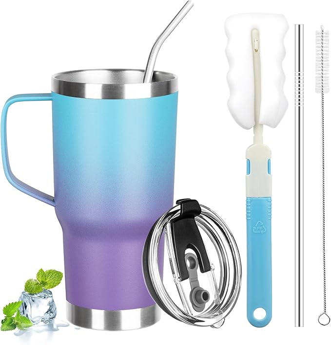 20 oz Tumbler with Handle, Stainless Steel Insulated Tumbler with Lid and Straw, Double Wall Vacuum Coffee Mug Tumbler, Insulated Coffee Thermal Cup for Cold and Hot（Blue Purple）