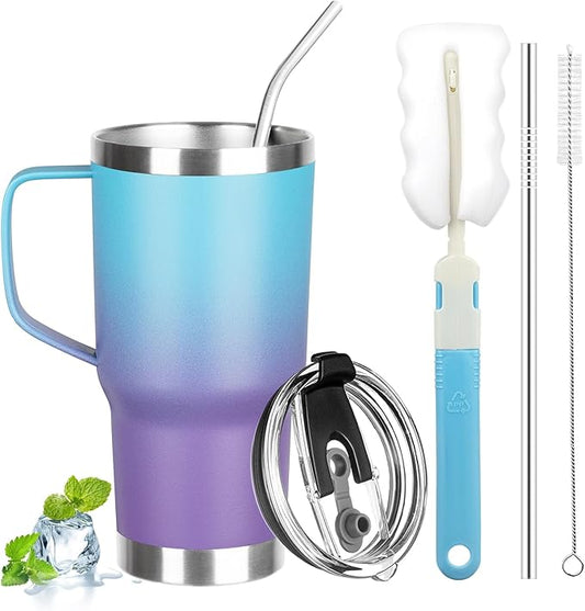 20 oz Tumbler with Handle, Stainless Steel Insulated Tumbler with Lid and Straw, Double Wall Vacuum Coffee Mug Tumbler, Insulated Coffee Thermal Cup for Cold and Hot（Blue Purple）
