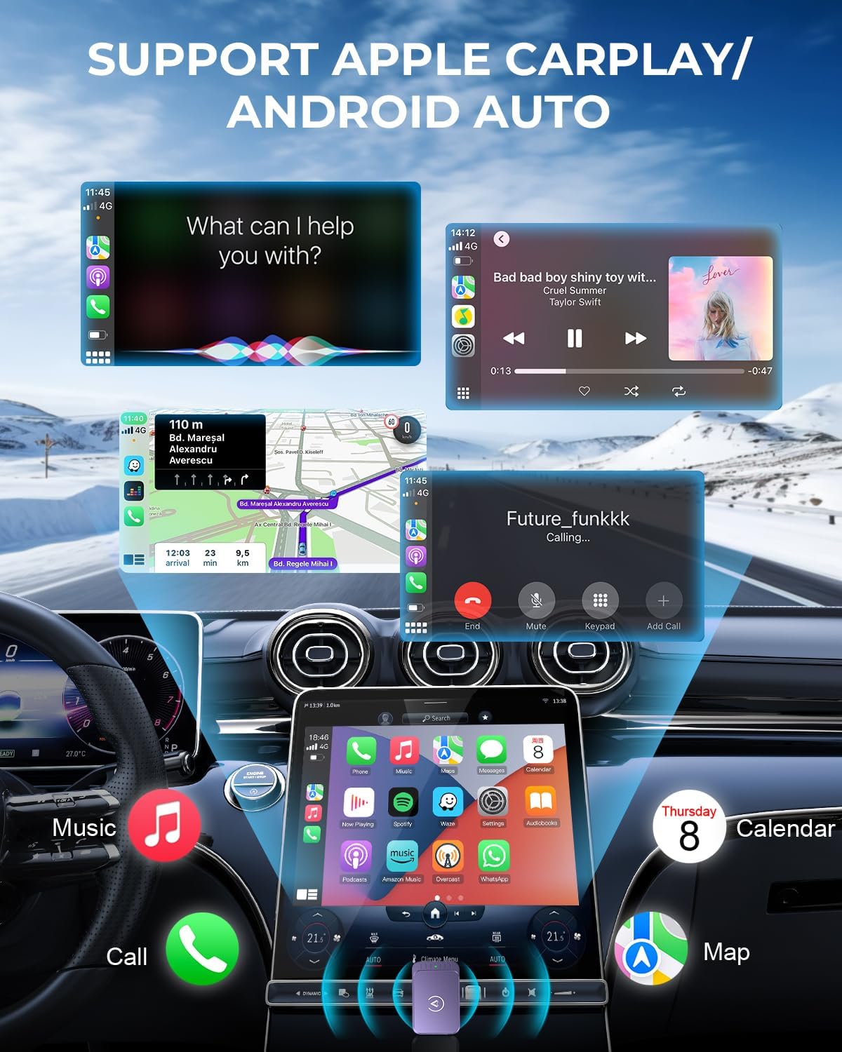 AuroraLink Wireless Carplay Adapter & Android Auto Wireless Adapter 2-in-1 Fast & Stable Carplay Wireless Adapter Convert Wired to Wireless Car Play Adapter for iOS 10+/Android 11+ (Dark Purple)