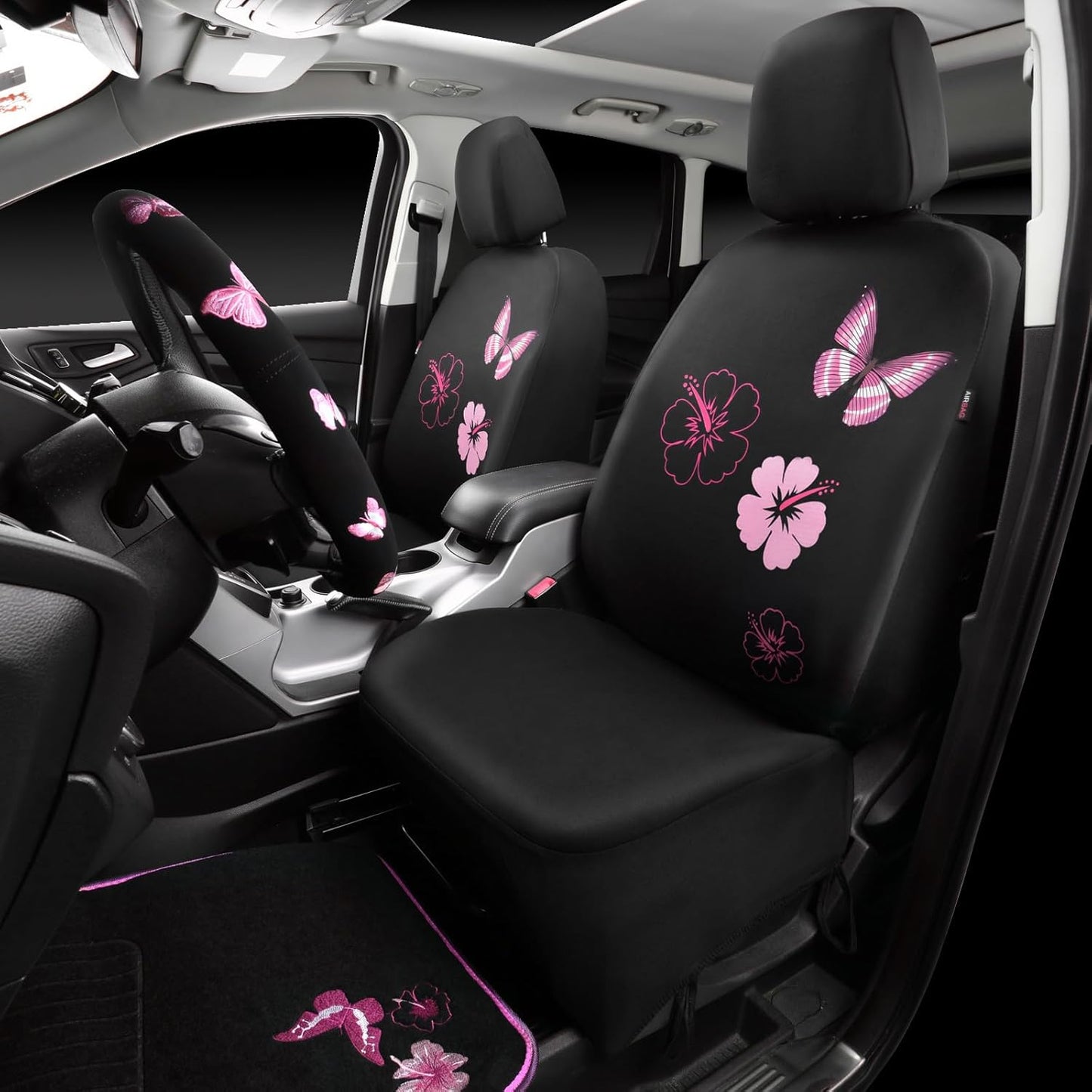 CAR PASS Universal Cloth Butterfly Car Seat Covers Full Set, Embroidered Flower Waterproof Car Floor Mats Carpet, Butterflies Steering Wheel Cover for Car Accessories Interior Sets (Black and Pink)