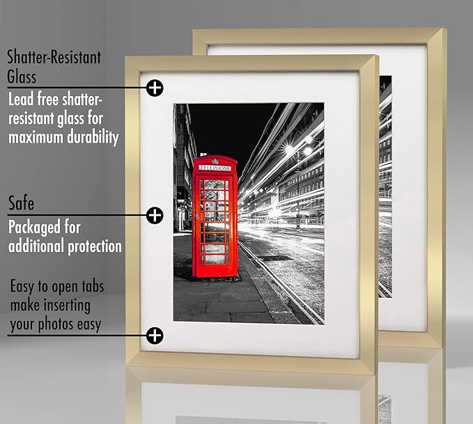 Americanflat 11x14 Picture Frame with Shatter-Resistant Glass - Set of 2 - Use as 8x10 Frame with Mat or Display 11x14 Photo Without Mat - Signature Collection - Picture Frames for Wall - Gold