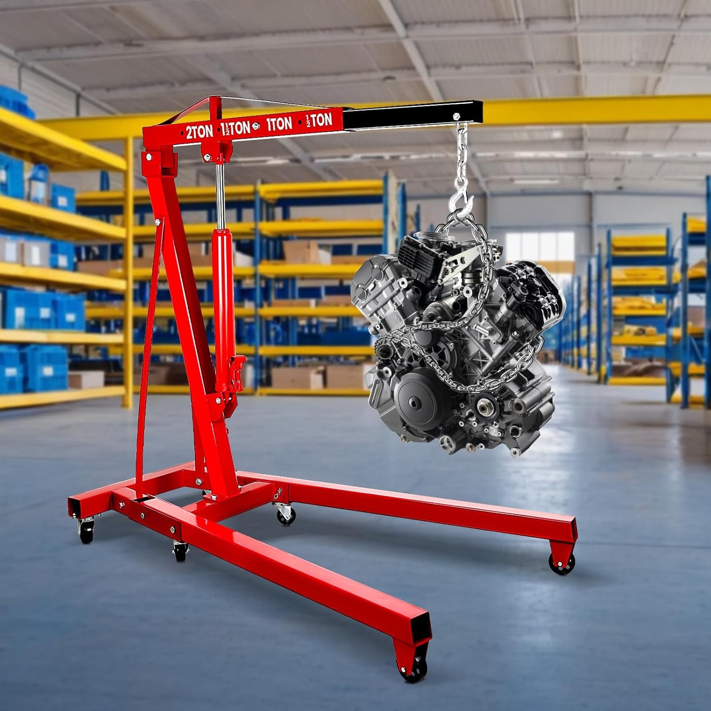 Engine Lift, 2 Ton Engine Hoist Cherry Picker with Quick Fold & 6 Steel Casters, 4400LBS Heavy-Duty Hydraulic Crane, Adjustable 4-Position Boom & 8T Pump for Garage Use 56.2"x50.6"x37"