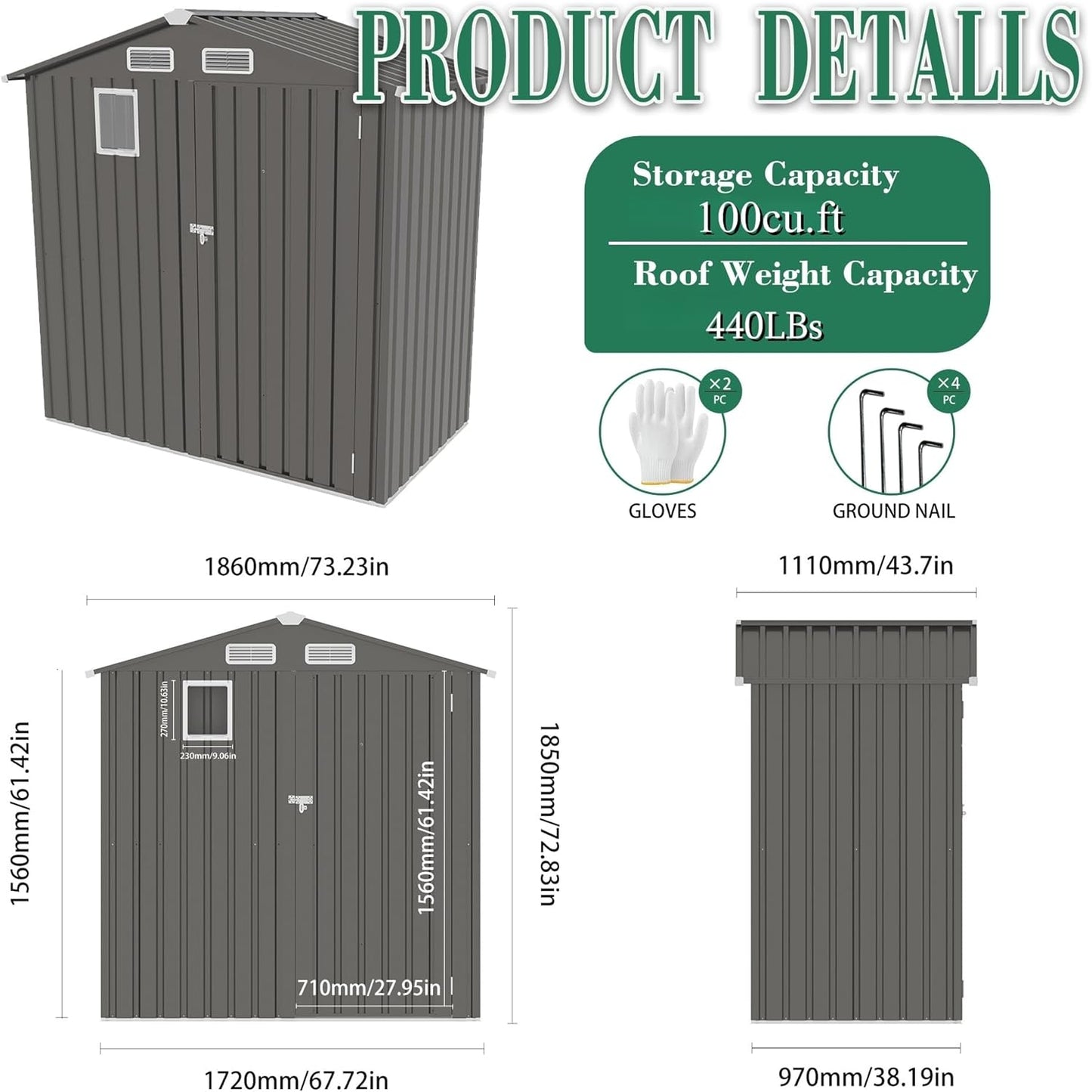 6x3.6FT Outdoor Storage Shed, Galvanized Steel Garden Shed with Lockable Door & Window, Waterproof Metal Tool Storage for Garden, Backyard, Patio, Lawn(Peak Roof)