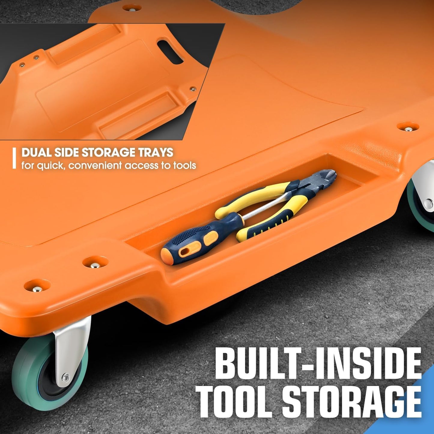 DNA MOTORING 40" L X 19" W Vehicle Repair Low Profile Plastic Rolling Garage Shop Creeper with Padded Headrest,Tool Trays & 6pcs Casters, Orange, TOOLS-00217-OG