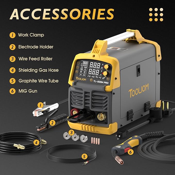 TOOLIOM 200A MIG Welder 5 in 1 MIG/Flux MIG/Spool Gun Mig/Lift TIG/Stick Welder 110/220V Dual Voltage Aluminum Welding Machine