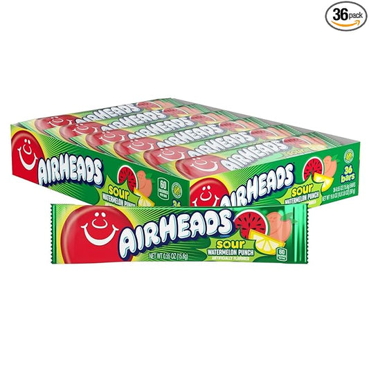 Airheads Sour Mini Halloween Trick or Treat Taffy Candy Bars, Watermelon Punch Flavored, Individually Wrapped Candy for Adults & Kids, Treat Bags & Party Favors, 36 Bars