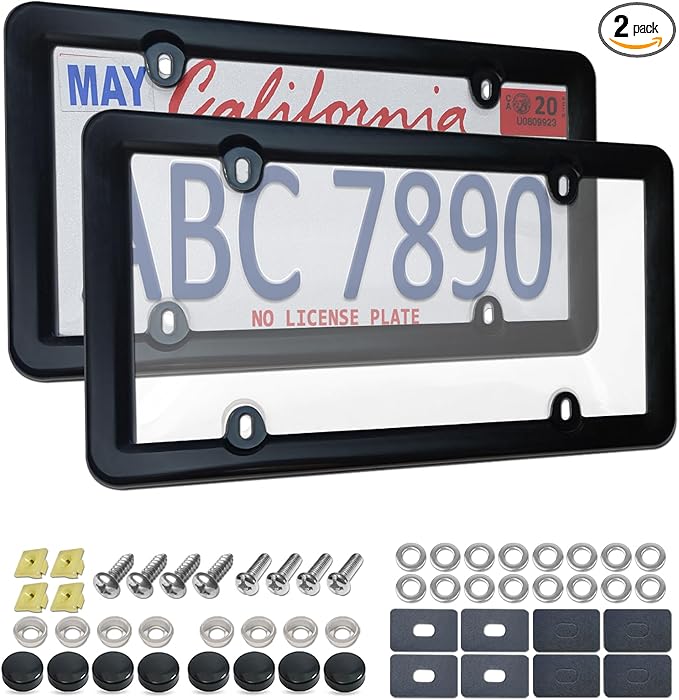 License Plate Covers Frames- 2 Sets Car Plate Protectors, Clear Bubble Tag Plate Cover & Black Plastic Holder for Front Rear, with Screws Caps