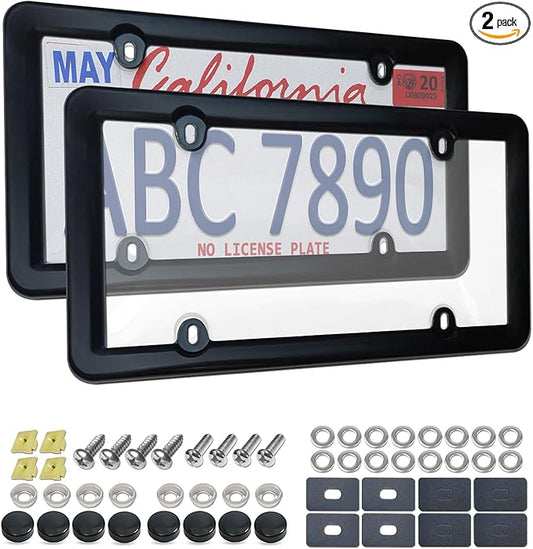 License Plate Covers Frames- 2 Sets Car Plate Protectors, Clear Bubble Tag Plate Cover & Black Plastic Holder for Front Rear, with Screws Caps