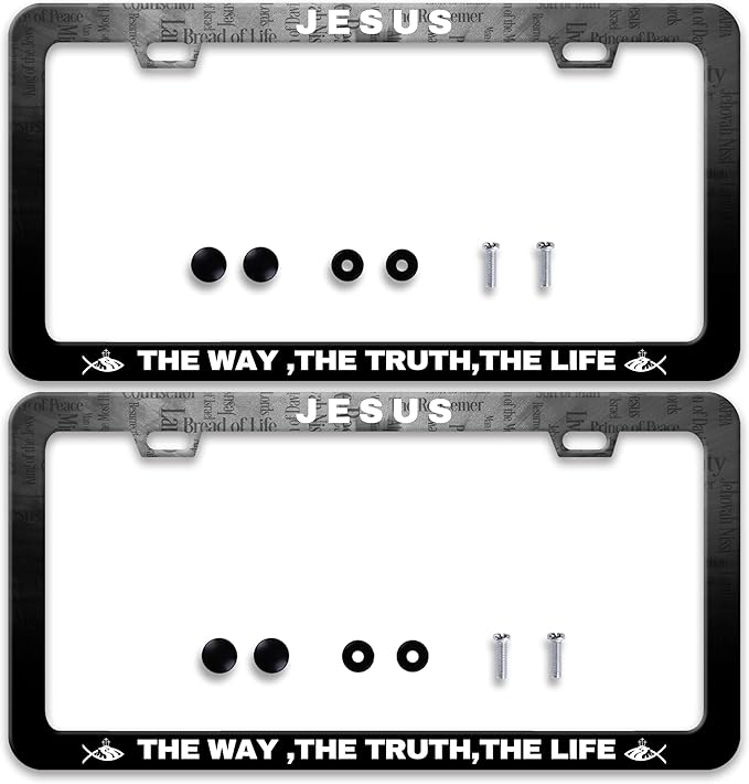 2 Pcs Jesus The Way The Truth The Life License Plate Frame Cross License Plate Frames Personalise Stainless Steel Funny Design Compatible with Standard License Plate Holder for USA Canada 6 X 12 Inch