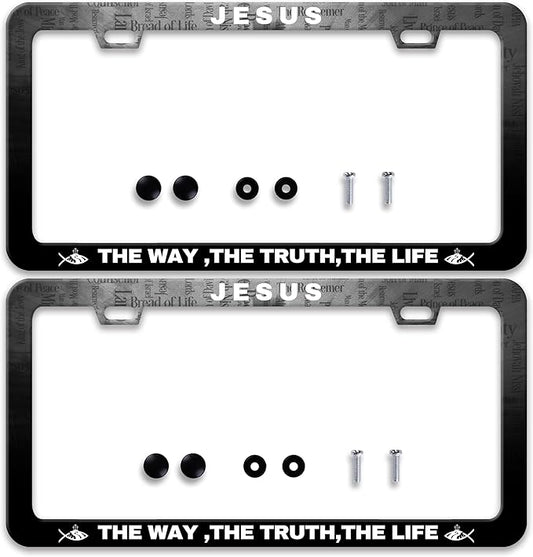 2 Pcs Jesus The Way The Truth The Life License Plate Frame Cross License Plate Frames Personalise Stainless Steel Funny Design Compatible with Standard License Plate Holder for USA Canada 6 X 12 Inch