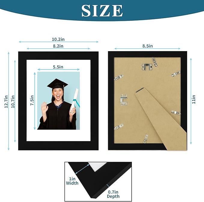 8.5 x 11 Picture Frame Set of 4, Made of Real Glass and Black Certificate & Diploma Frame, 8.5 by 11 Photo for Wall or Tabletop - Display Picture 6x8 with Mat or 8.5x11 Without Mat