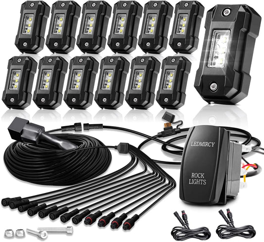 R4 Pure White LED Rock Lights Kit with Roker Switch Wire Harness 12PCS Rock Lights White for Offroad Trucks ATV UTV SUV Underglow Light Trail Rig Light Under Body High Power Waterproof
