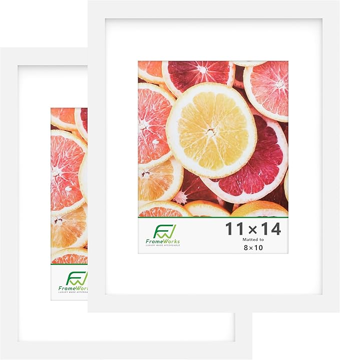 FrameWorks 2-Pack, 11x14 Matted to 8x10 Picture Frame, White – Classic Wooden Photo Frame with Tempered Glass, Modern Matte Finish for Prints, Posters, Certificates & Wall Decor – Gallery-Ready
