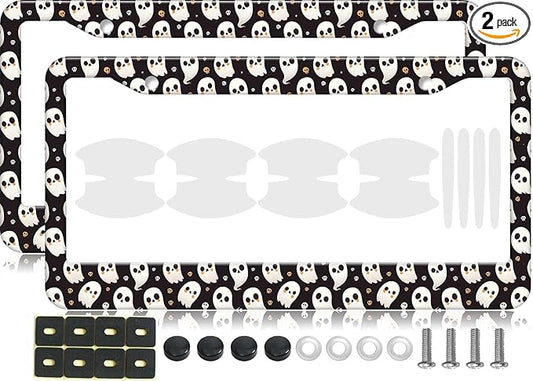 2PCS Halloween Cute Ghost Pattern License Plate Frames for Men Women - Universal Aluminum Stainless Steel Personalized Car Tag Covers Holder with Screws, Caps, Rattle Proof Pads and Handlebar Stickers