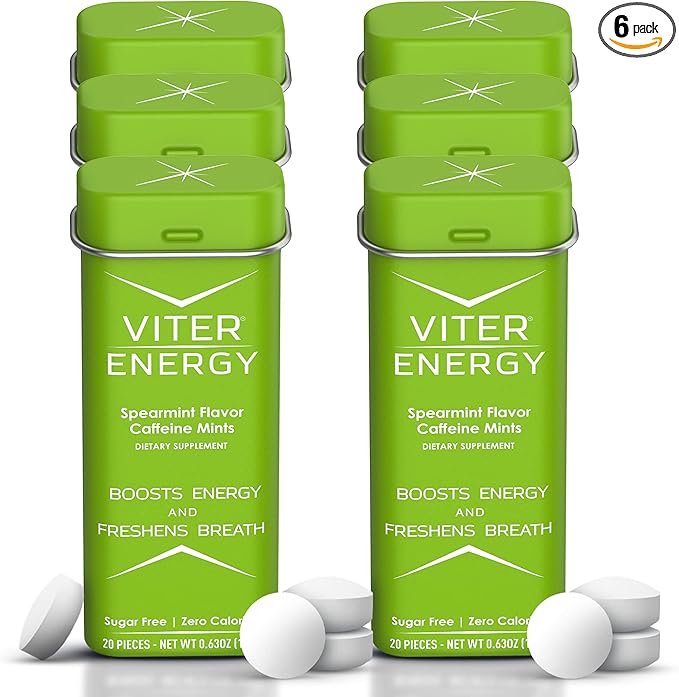 Viter Energy 40mg Caffeine Mints - Sugar Free, B Vitamins, Vegan, Boosts Fast Energized Alert Focus, Caffeinated Nootropic Supplement Pills (Spearmint Flavor, 20pcs, 6 Pack, 120pcs Total)