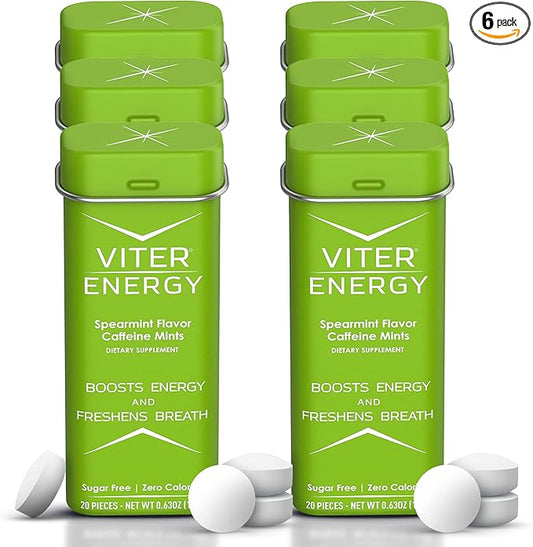 Viter Energy 40mg Caffeine Mints - Sugar Free, B Vitamins, Vegan, Boosts Fast Energized Alert Focus, Caffeinated Nootropic Supplement Pills (Spearmint Flavor, 20pcs, 6 Pack, 120pcs Total)