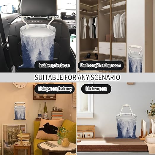 Car Trash Can, Hanging Garbage Bin for Men and Women, Cute Car Organizer and Storage Bag, Canvas Vehicle Trash Can Bag Easy-to-Install Cute Grey Mountain