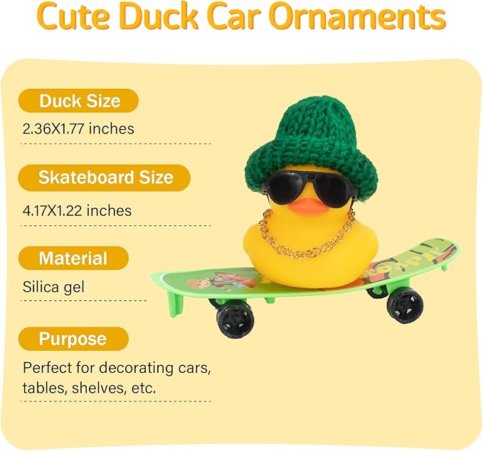 wonuu Car Duck Ornament Rubber Duck Car Dashboard Decoration for Car Dashboard Decoration Accessories with Mini Hat, Necklace, Sunglasses, Skateboard, D-Green&Green Skateboard