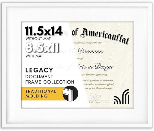 Americanflat 11.5x14 Diploma Frame with Shatter-Resistant Glass - Use as 8.5x11 Frame with Mat or Display 11.5x14 Document Without Mat - Legacy Collection - Certificate Frames for Wall - White