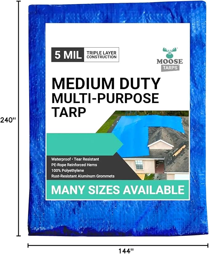 12' x 20' Waterproof Tarp, Medium Duty Reversible Blue/Silver, Multipurpose Indoor and Outdoor Tarps for Tents, Wood Cover, Furniture, Car, Boat, Pool, Tear Resistant, Blue