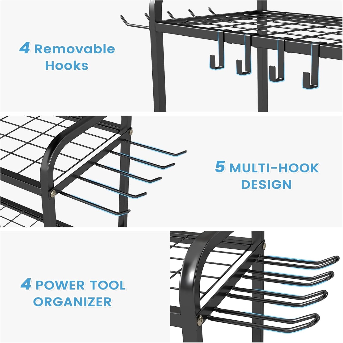 Hadulcet Garden Tool Organizer, Metal Garage Organization and Storage with Lockable Wheels, Garden Tool Rack with Storage Hooks, Heavy Duty Yard Tool Organizer for Garage, Shed, Lawn, Outdoor, Black