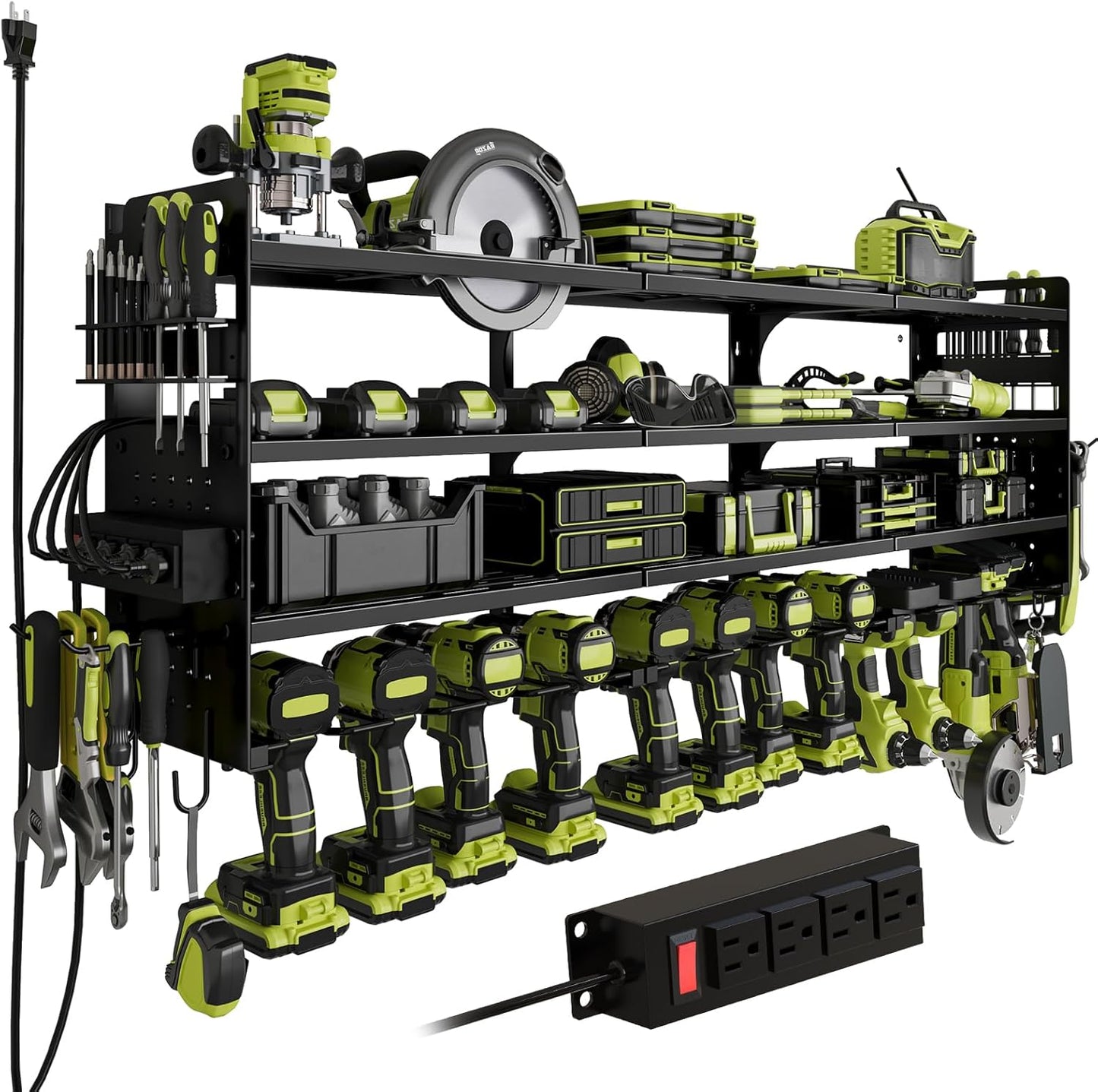12 Cordless Drill Holder Large Power Tool Organizer Wall Mount with Side Pegboard & Screwdriver Holder, 4-Tier Heavy Duty Metal Tool Storage Rack with 4-Outlet Power Strip