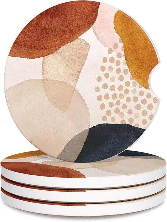 Car Cup Holder Coaster, Car Coasters for Cup Holders, 4 Pack Universal Anti Slip Insert Absorbent Ceramic Auto Interior Accessories with A Finger Notch & Cork Base, Simple Abstract Art