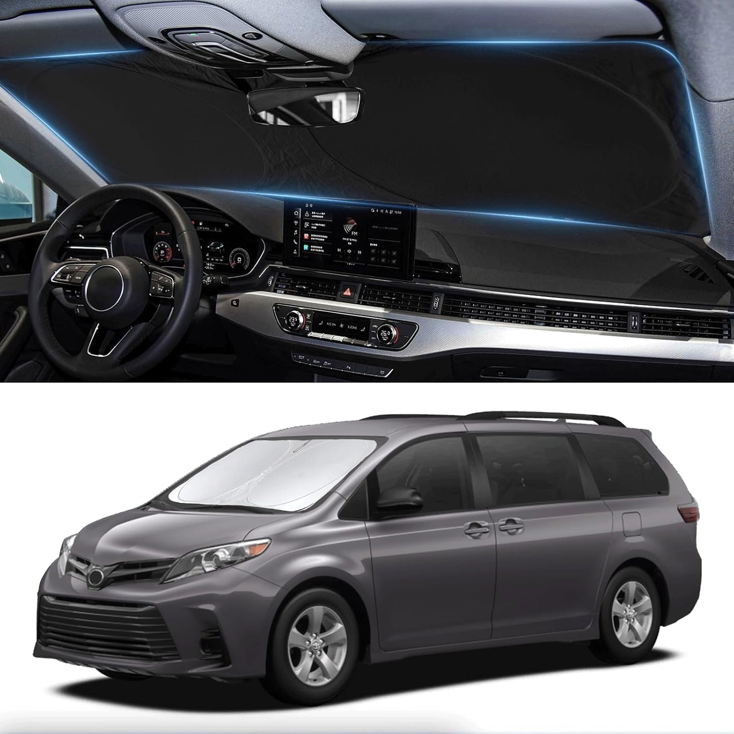 Sunshade for Toyota Sienna 2021-2024 2025 L LE SE XLE Limited Van Minivan Car Accessories Front Window 210T Reflective Shield Cover for Windshield Sun Visor