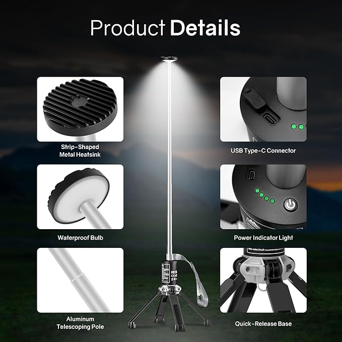 Telescopic Camping Light, Rechargeable Camping Lantern with 20000mAh Battery, Portable Camp Light Outdoor Waterproof with 3 Modes, Camping Light for Emergency, Camping, Hiking(Bag Included)