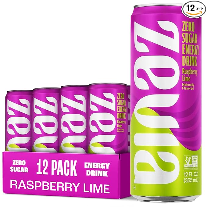 Zevia Zero Sugar Energy Drink, Raspberry Lime, 12 oz Cans (12-Pack) – Naturally Sweetened, Zero Calorie Sugar Free Energy - Non-GMO Project Verified, Gluten-Free, Vegan