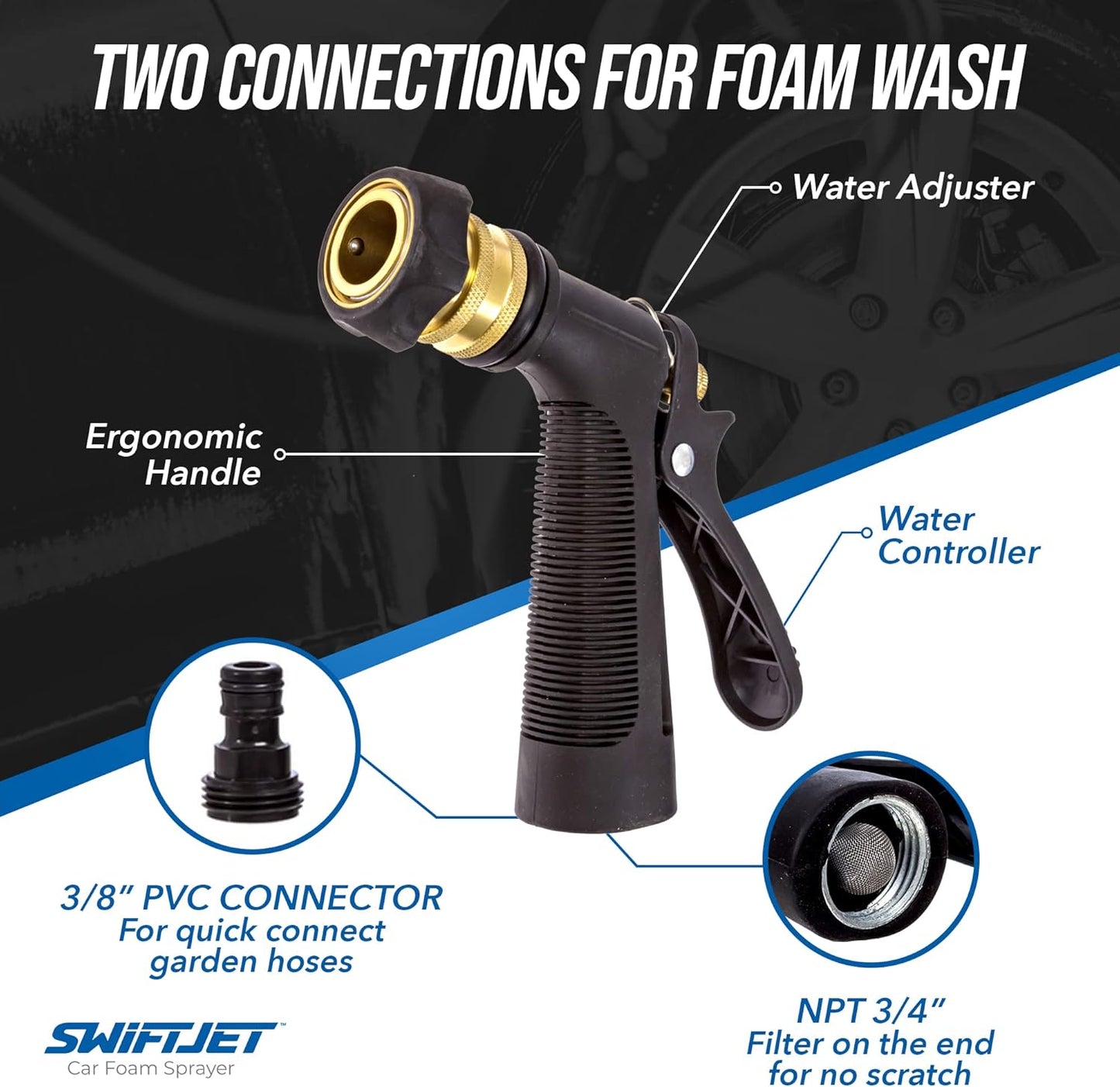 SwiftJet Car Wash Foam Sprayer Gun with Microfiber Wash Mit - Adjustable Water Pressure & Soap Ratio Dial - Foam Cannon Attaches to Any Garden Hose (Foam Sprayer with Wash Mit (Black))