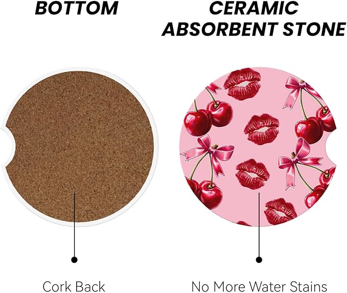 ABLESKY Car Coasters for Cup Holders, 2 Pack Absorbent Anti Slip Car Cup Holder Coasters, 2.56 Inch Ceramic Universal Size Auto Interior Accessories Women Men-Cherry Pink Bow with Red Lips