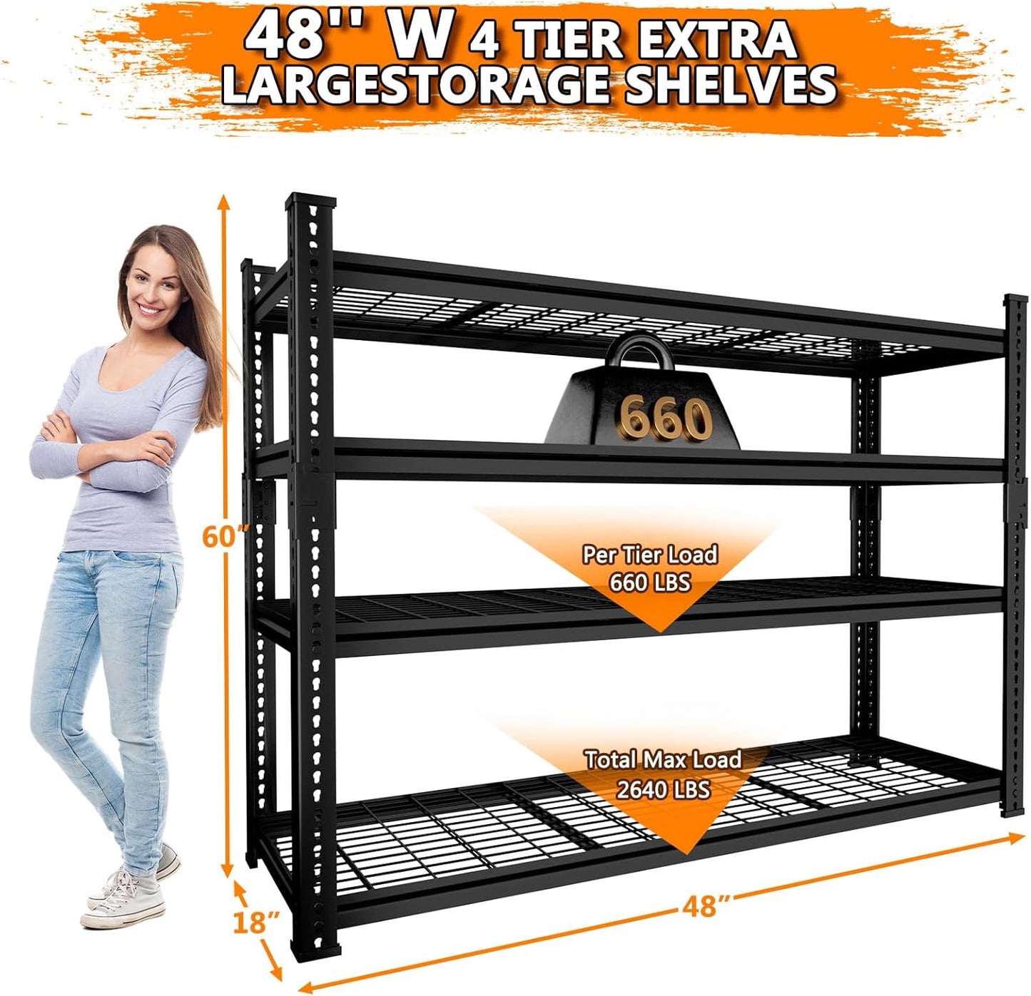Storage Shelves Heavy Duty 2 PCS, 48"L x 18"W x 60"H Garage Wire Shelving Unit Loads 2640LBS, 4-tier Adjustable Metal Industrial Utility Shelf Rack for Kitchen, Laundry, Pantry, Warehouse, Basement