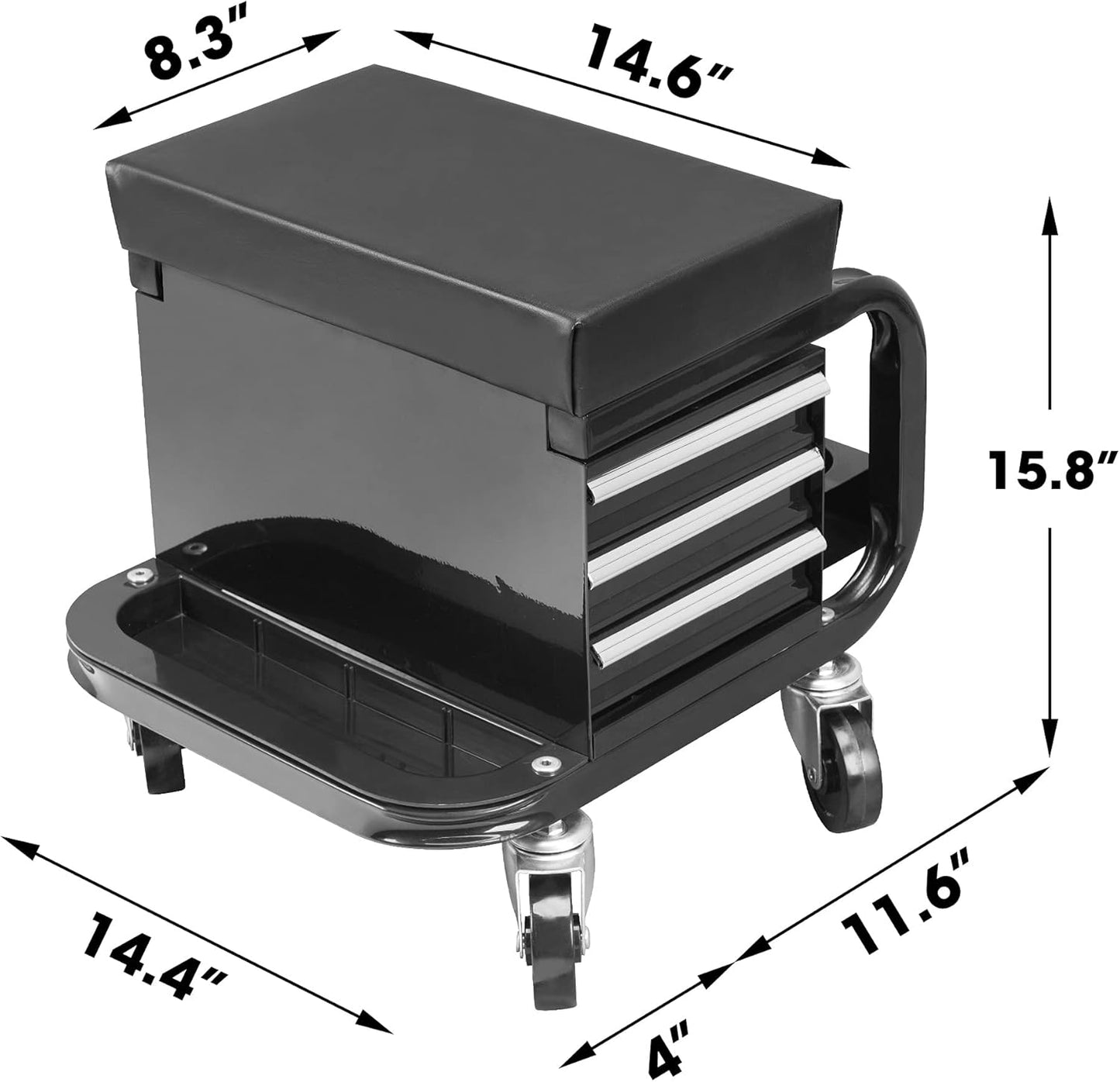 Torin APD2016AB Rolling Tool Chest/Tool Box with 3 Drawers and Wheels, Padded Mechanic Stool Creeper Seat, Black