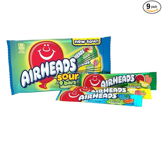 Airheads Sour Full-Sized Halloween Trick or Treat Taffy Candy Bars, Watermelon Punch, Blue Blast & Lemon Berry Squeeze, Individually Wrapped Halloween Candy for Adults & Kids, 9 Count Bag
