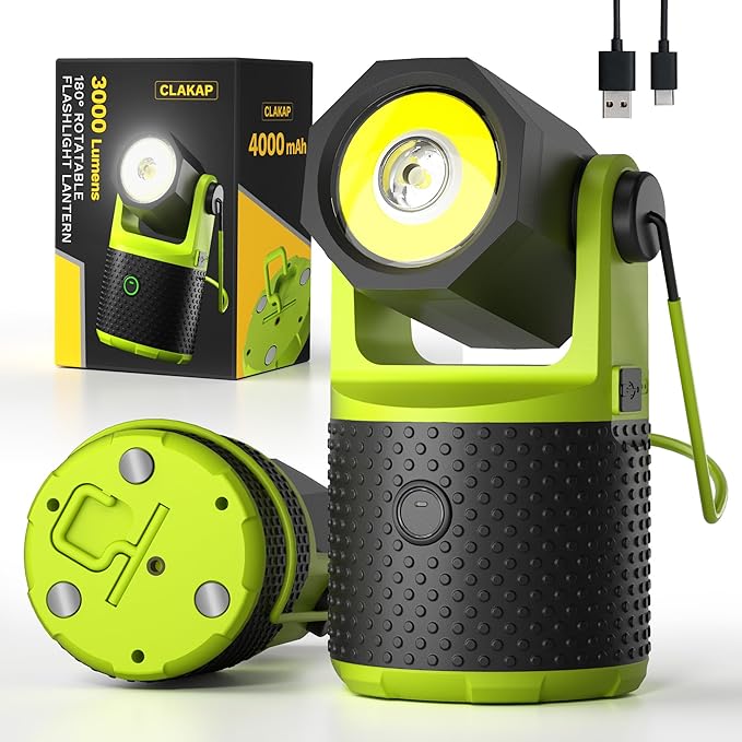 CLAKAP LED Camping Lantern, 3000Lumens Rechargeable 180°Rotatable Flashlight Lantern, Portable Camping Light with 4000mAh Phone Charger, IPX4 Waterproof Lanterns for Power Outages Hurricane