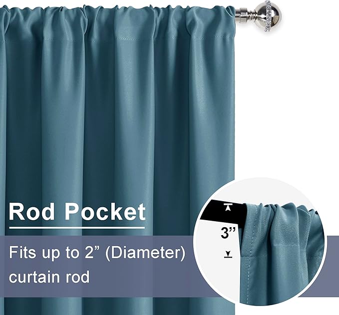 JIUZHEN Blackout Curtains for Bedroom - Thermal Insulated Room Darkening Noise Reducing, 60 x 63 Inch Length Curtains for Living Room, Set of 2 Panels with Tiebacks, Stone Blue