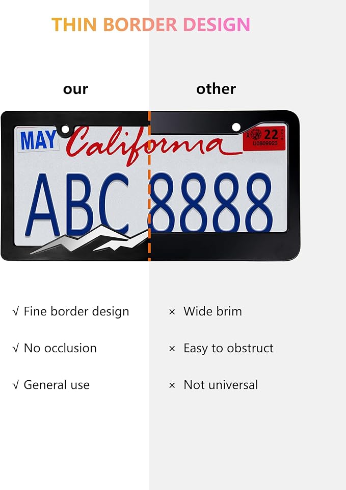 Mountain License Plate Frames - 2 Pack Plastic Car Tag Frame with 3D Mountain Design, Silver on Black, Included Mountain Vinyl Sticker, Screws & Caps