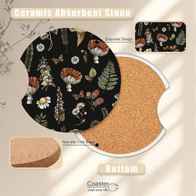 2 Pack Black Mushroom Coasters for Cup Holders, Ceramic Car Cup Holder Coaster for Car, Absorbent Car Cup Coasters with Cork Base Car Interior Accessories for Women Men