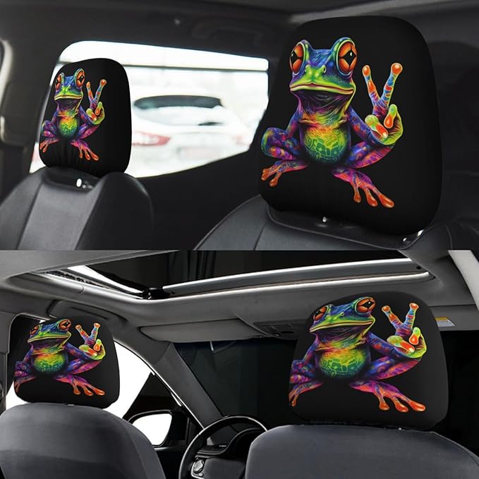 Dujiea 2 Pack Colorful Peace Frog Car Headrest Covers, Universal Soft Car Seat Head Rest Cover Protector, Vehicle Accessories Fabric Headrest Cover for Cars Vans Trucks