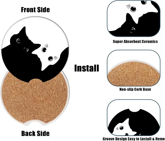 Car Cup Holder Coaster -Black White Cat Absorbent Ceramic Coaster, Car Coasters for Cup Holders, Auto Accessories for Women & Men, Pack of 2