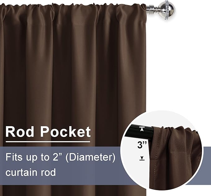 JIUZHEN Blackout Curtains for Bedroom - 60 Inch Wide Thermal Insulated Room Darkening Privacy Soundproof Curtains for Living Room, Set of 2 Panels with Tiebacks, 60 x 63 inches, Brown