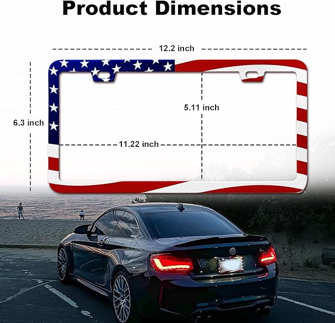 2 Packs License Plate Frame American Flag Printed Aluminum Metal Licence Plate Holder for Car Universal Fit for Men Women
