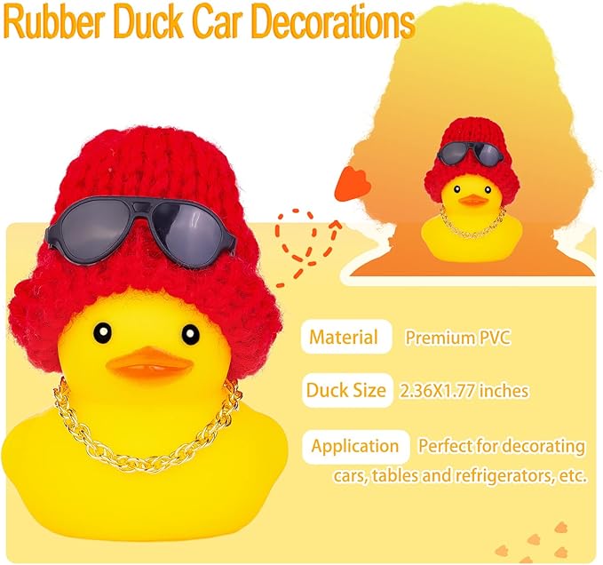 Car Rubber Duck,Yellow Duck Car Dashboard Decorations Accessories with Mini Beanie Hat Necklace and Sunglasses(W1)