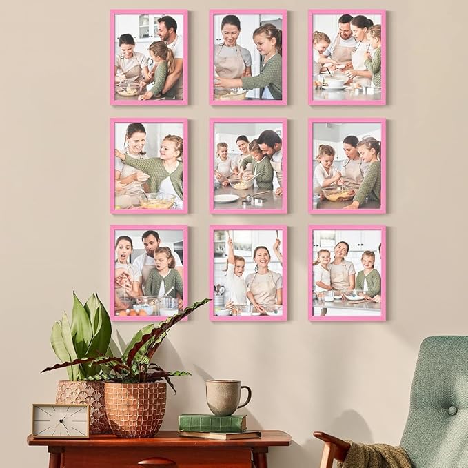 Renditions Gallery Set of 9, 8X10 Custom Photo Prints with Real Wood Picture Frames. Create Personalized Photos with Peel & Stick Photo Frames. Pink Frame