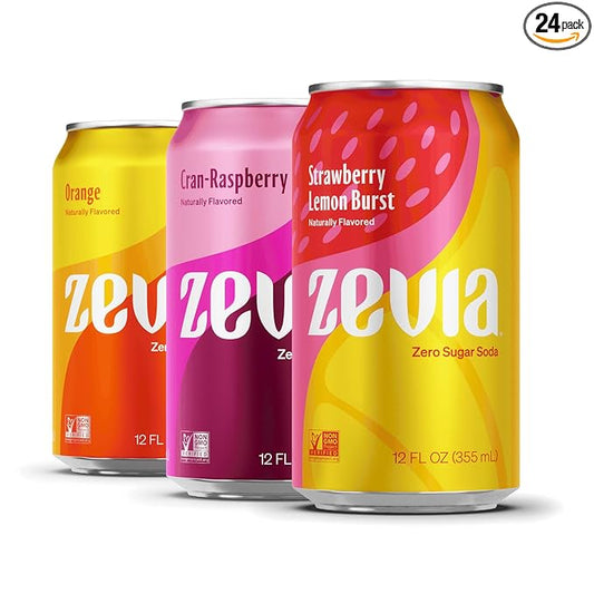 Zevia Zero Sugar Soda, Fruity Variety Pack, 12 oz Cans (24-Pack) – Naturally Sweetened, Zero Calorie Sugar Free Soda - Non-GMO Project Verified, Gluten-Free, Vegan