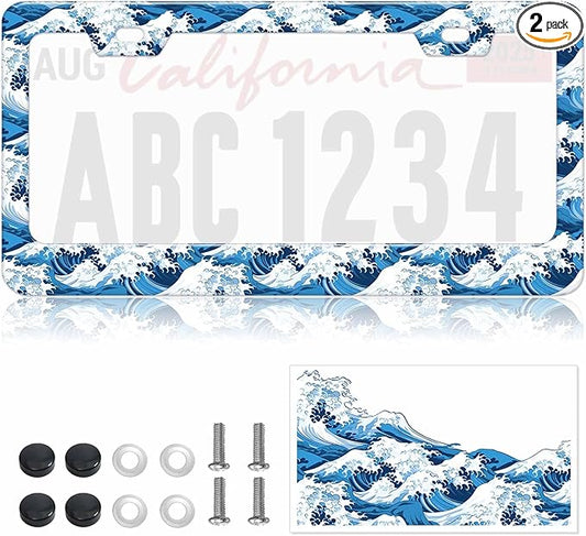 1pcs Blue Ocean Wave License Plate Frame for Women, Sea Wave Car Tag Frames Girly for Vehicle with Non Adhesive Electrostatic Sticker